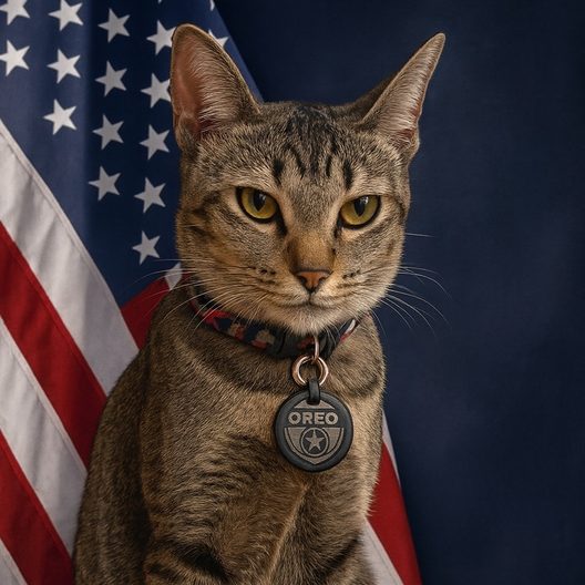 Sheriff Oreo, a brown-ticked tabby cat, wearing a collar with a sheriff&rsquo;s badge tag