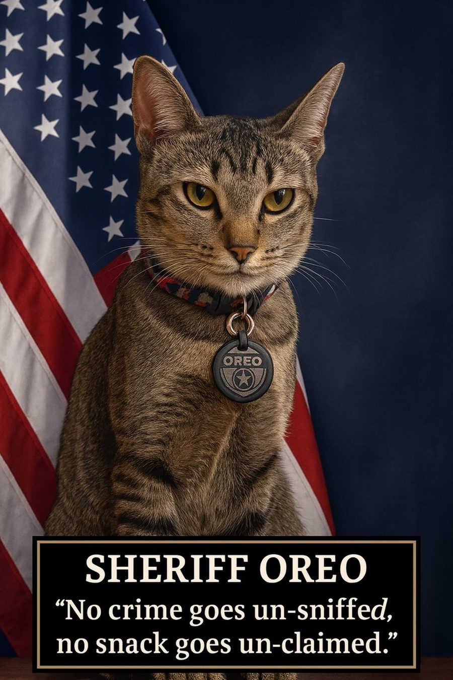 Mock official portrait: Sheriff Oreo seated before an American flag, wearing a badge tag, above the motto &lsquo;No crime goes un-sniffed, no snack goes un-claimed.&rsquo;
